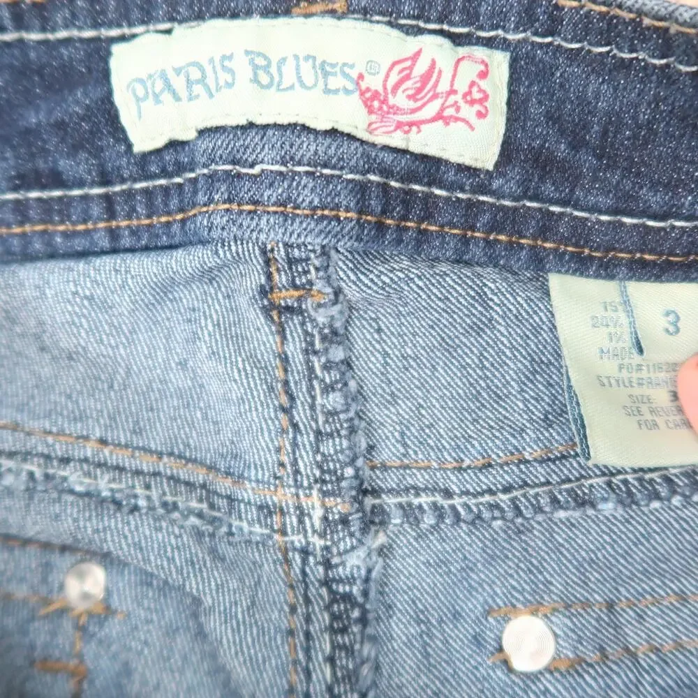 Vintage Y2K Paris Blues Low Rise Bermuda Jean Shorts Whisker Wash 3